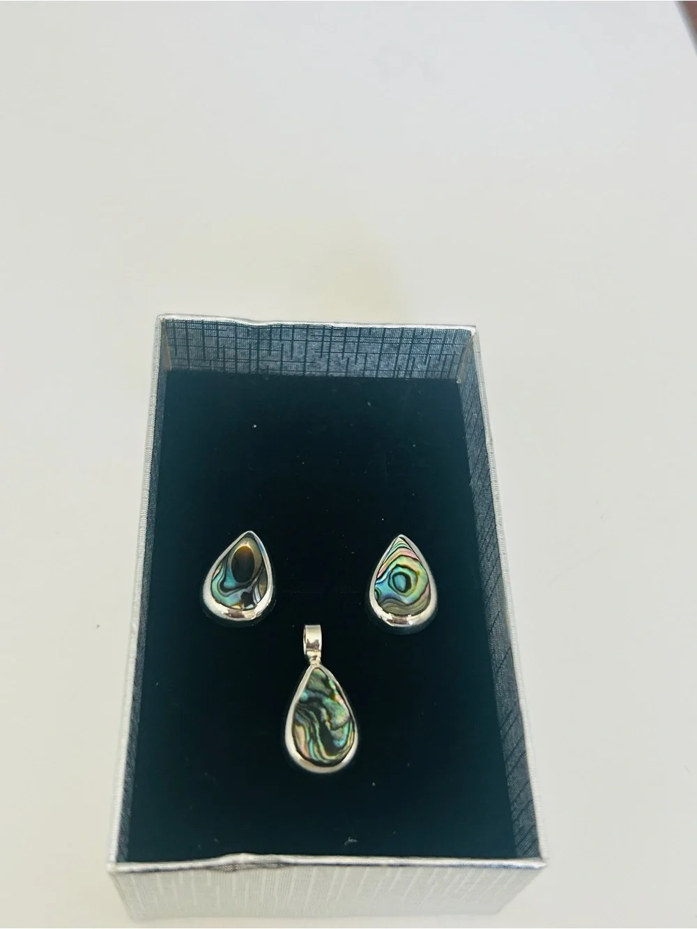 Taxco Mexigo 925 Sterling Silver Abalone Shell Teardrop Earrings & Pendant Set